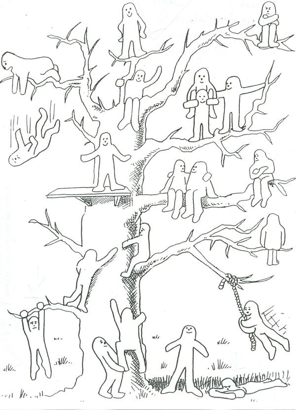 Cartoon figures hanging and sitting in tree limbs. Act Happy Week 