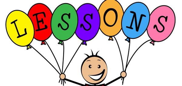 Cartoon man holding up balloons spelling Lessons