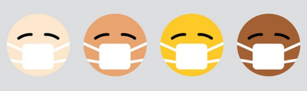 Cartoon of different skin colored faces wearing masks. 