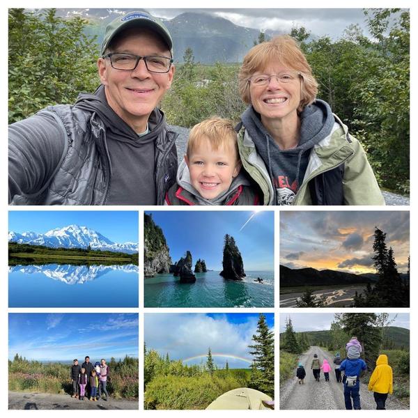 Collage of various sites of Alaska: snowy mountains, rainbows, glaciers, family hiking, family smiling 