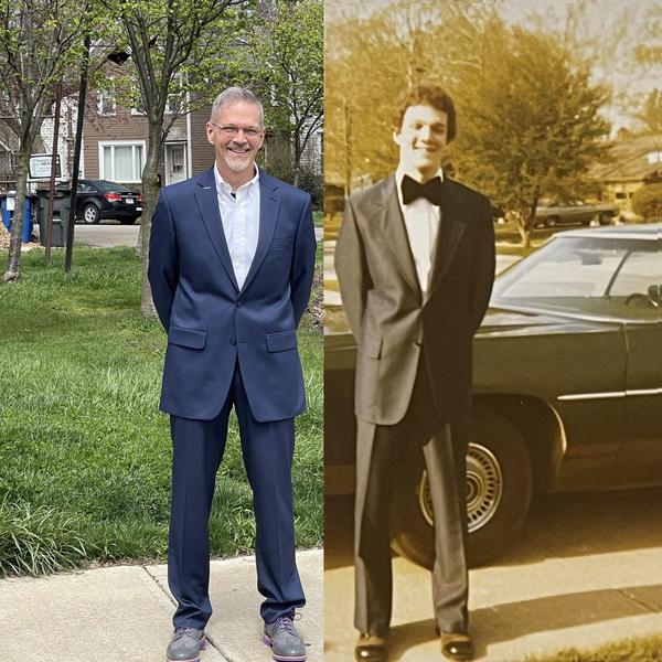 A side by side picture of Jim today and Jim in his twenties wearing a suit and smiling.