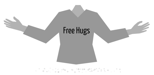 Cartoon front of torso with arms wide wearing a shirt that reads "Free Hugs"