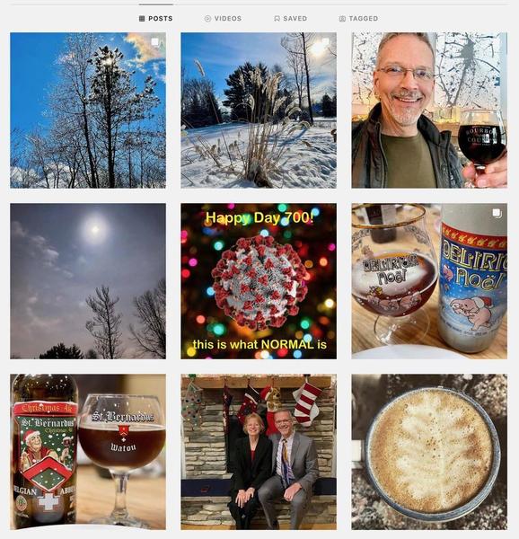 nine photos from Jim's Instagram account: trees, snow, Jim holding a glass of beer, the sky, covid day announcement - what normal is holiday beverages, Jim and his wife, cappucino