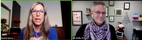 Side by side image of video conference with Beatriz Garcia on the left, Jim Smith on the right. 
