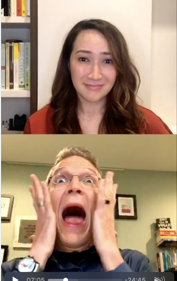 Video conference of Jim and Dr. Katrina Gisbert-Tay. Jim has scream face expression. 