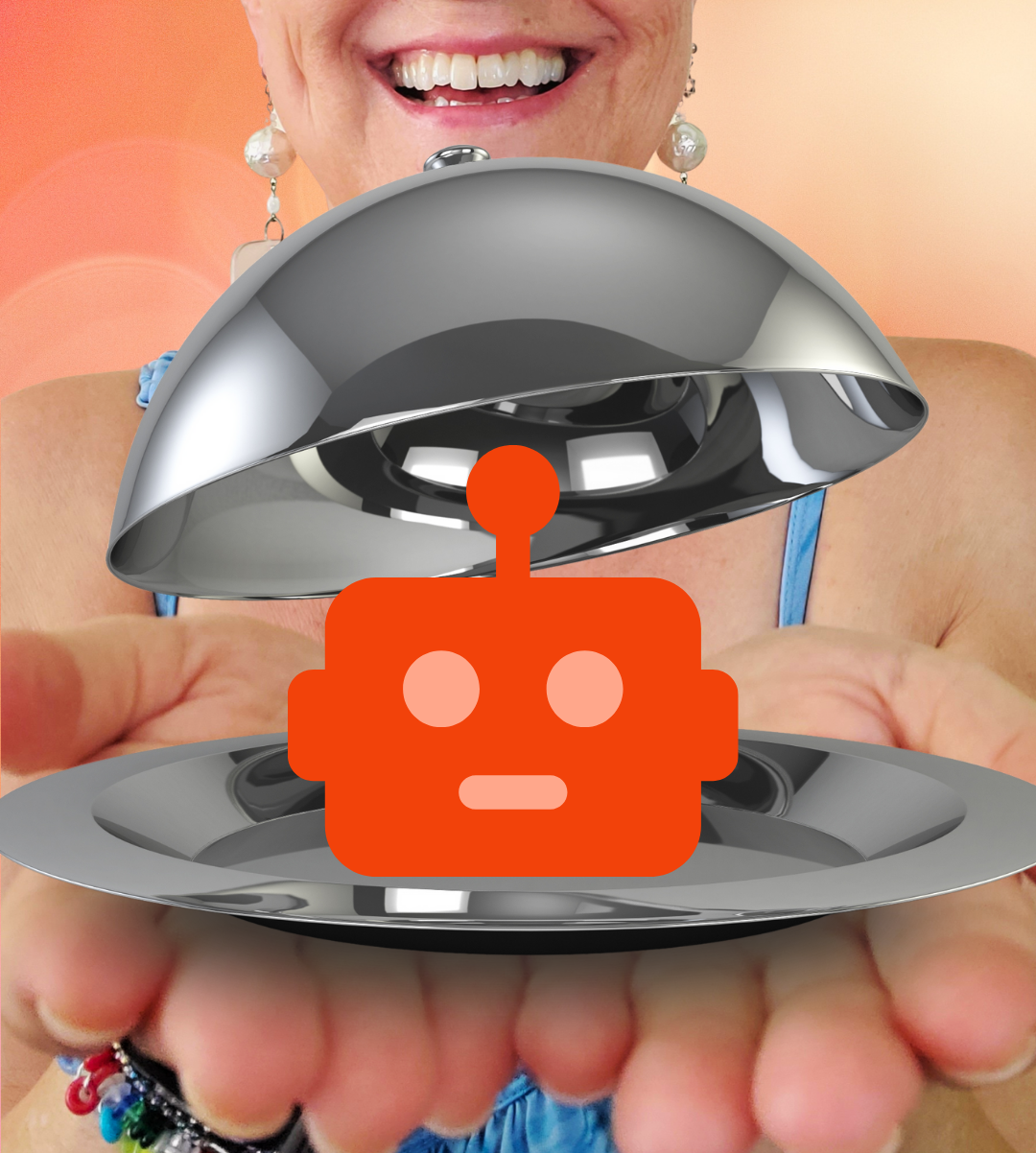 Lisa holding a silver platter with a small robot head graphic inside