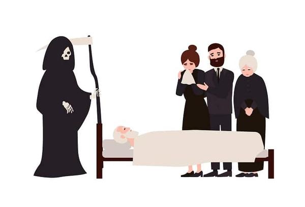 The grim reaper and some cartoon mourners