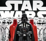 star wars logo with stormtroopers and vader