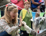woman high fiving a dog