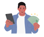 A cartoon man holding a phone and a wad of cash