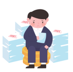 A cartoon of a sad person sitting on piles of debt