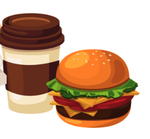 A cartoon burger and coffee