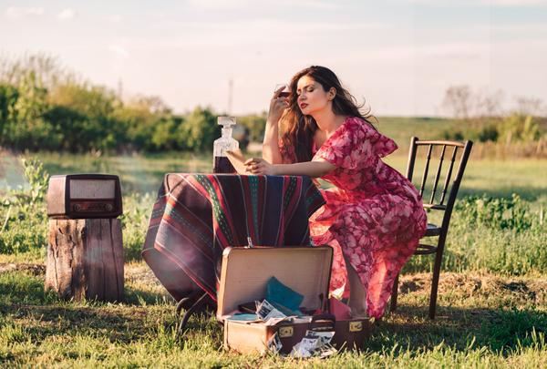 woman at picnic table