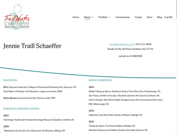 Screenshot of the start of the CV page of Jennie's experience