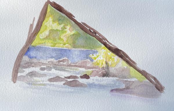 Watercolor Sketch by Student - Triangular Composition looking through tree limbs at the dam