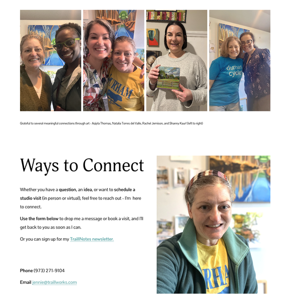 Connect Page focuses ways to contact me, features several artists and collectors