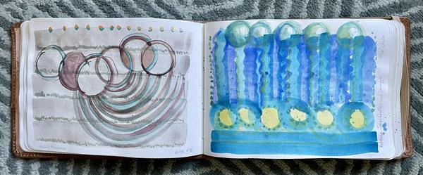 Sketchbook spread - days 35 and 36, abstract watercolors painted to healing sounds. 