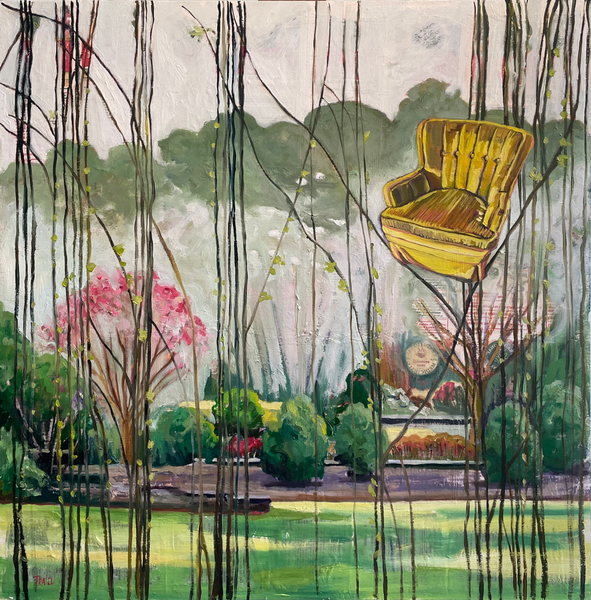 Painting of Suspended Yellow Chair in Willows with Duke Gardens in the background