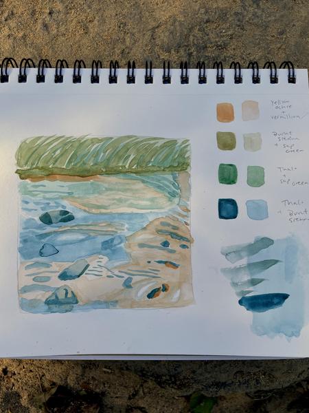 Student watercolor focused on the ripples in the water with the grasses on teh bank