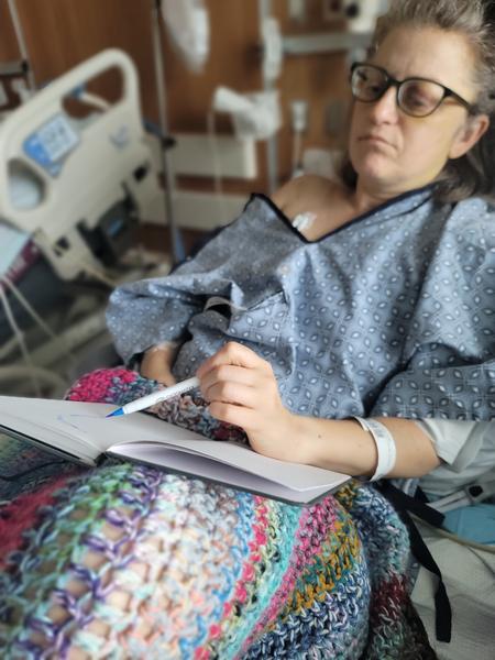 Jennie drawing in the ICU, using her left hand (non-dominant)