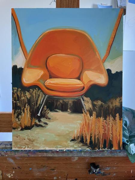 Orange Womb Chair Suspended with a Tether over a grassy Trail, Work in Progress Oil Painting