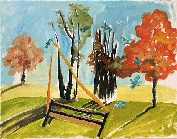 Abstract / Expressionist / Surrealist oil painting of birds swooping around a bench, connected with tethers in a fall landscape