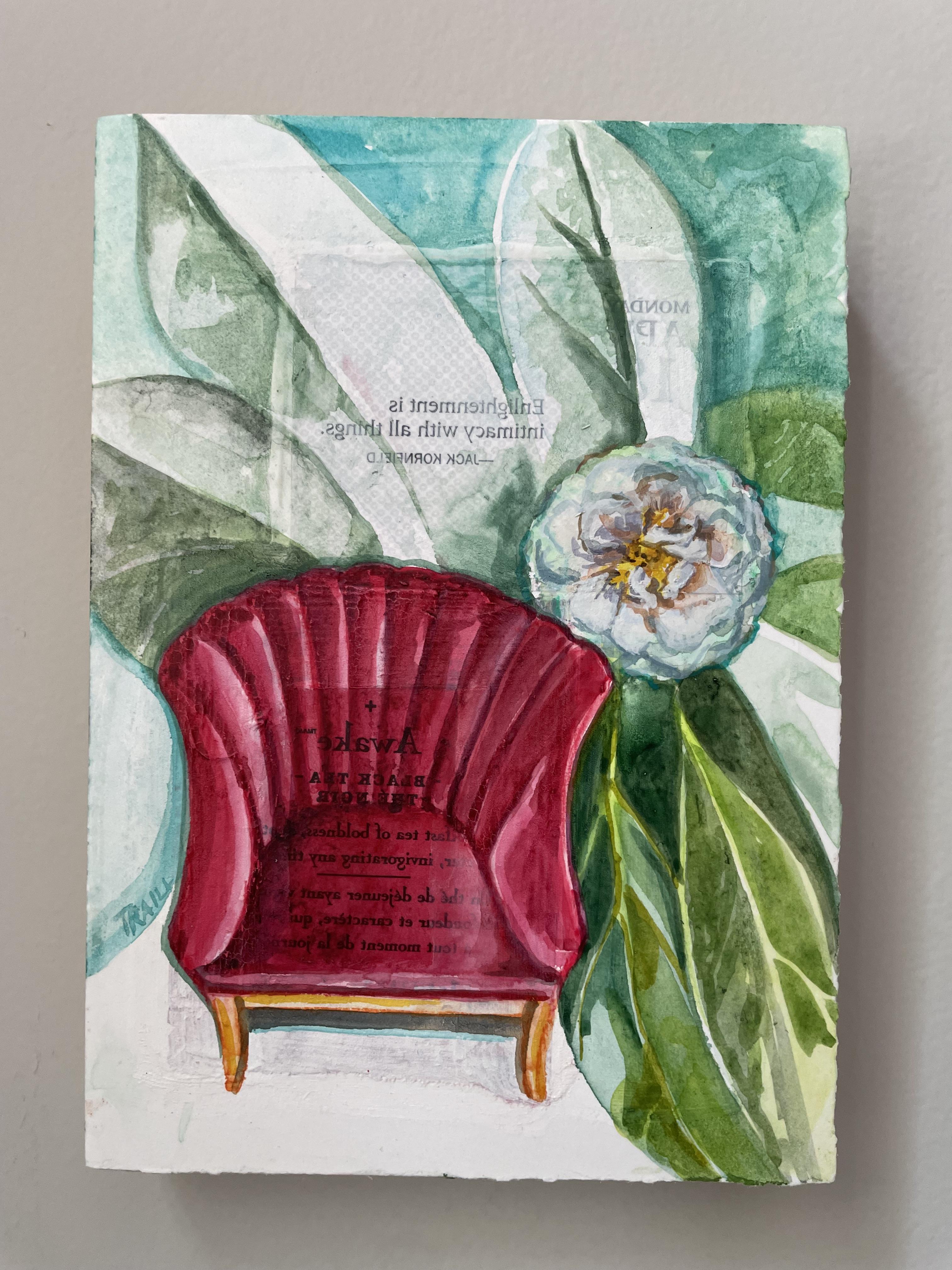 Take a Seat Painting of a Magenta Velvet Chair and Camellia