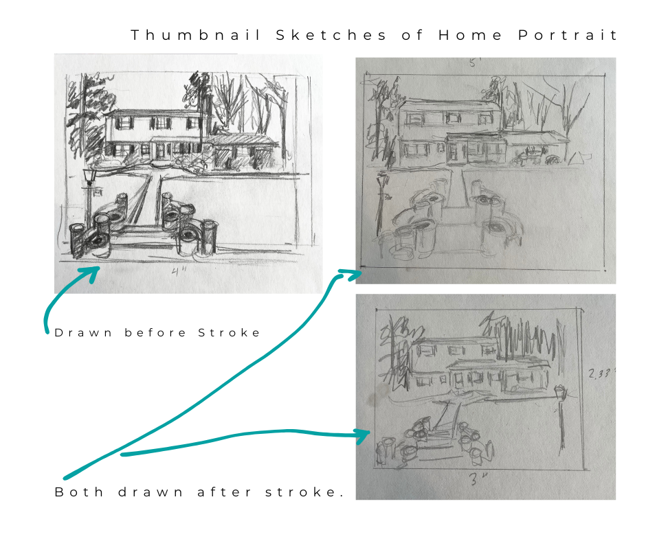 Thumbnail Sketches of a Home in various compositions, drawn in graphite - before stroke and after stroke