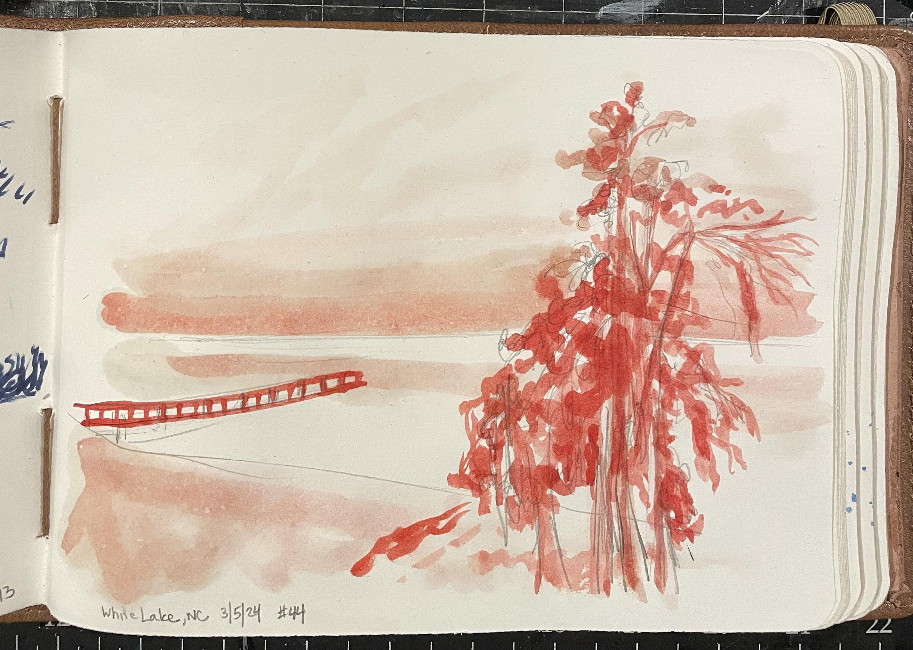 Sketch 44 - Tree over a lake with a pier, painted in red monochrome watercolor