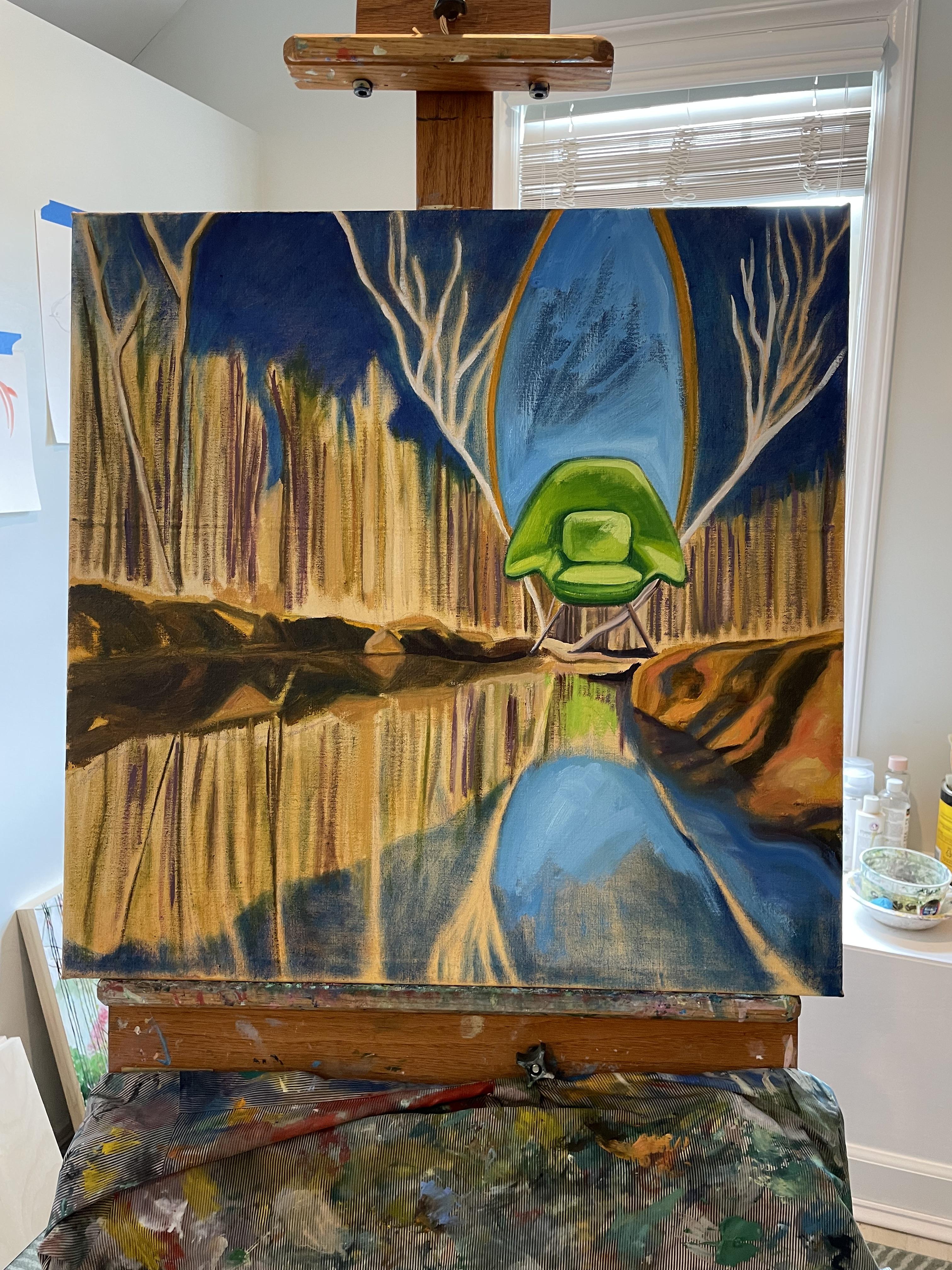 In Progress Painting of a Green Chair suspended over the Eno River
