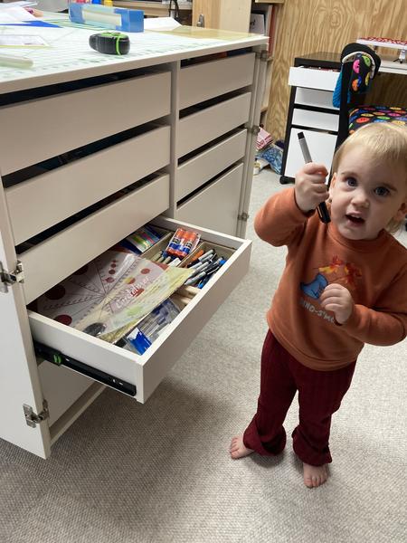 Betty with my Dingo fabric cutting table
