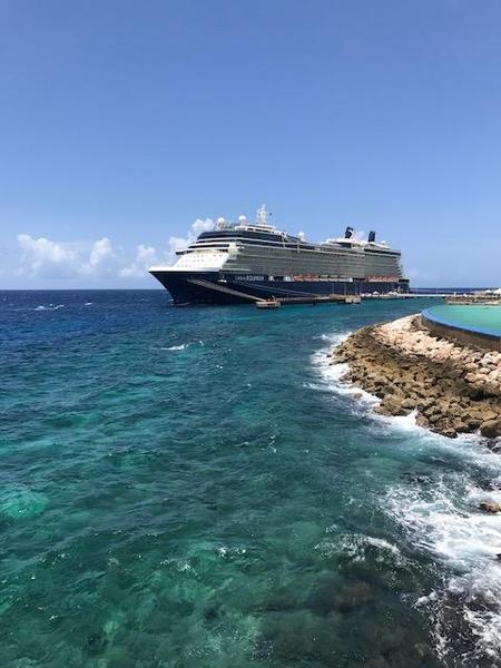 Photo of our cruise ship docked in Aruba
