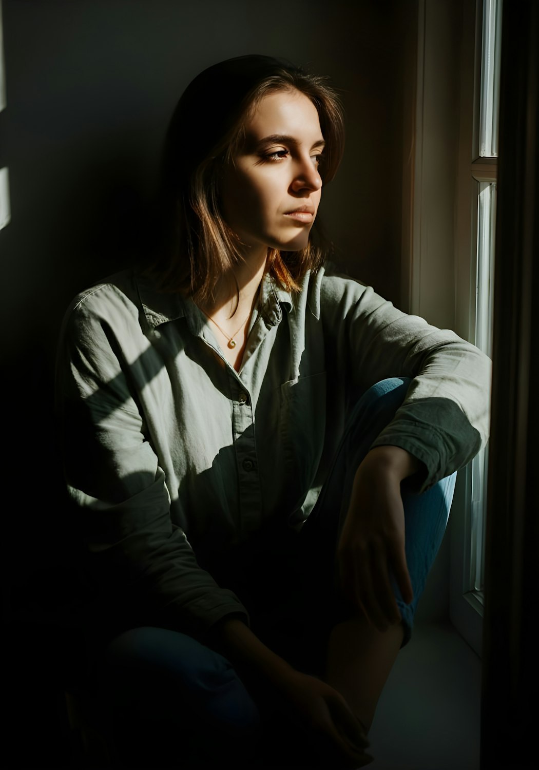 A professional woman standing by a window in soft light, reflecting thoughtfully
