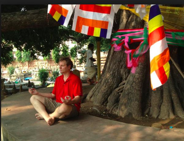 Terry Hodgkinson meditates where the Buddha achieved enlightenment in India