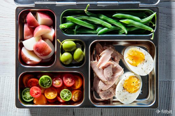 Bento box with tiny tomatoes, hard boiled egg, turkey, beans and olives