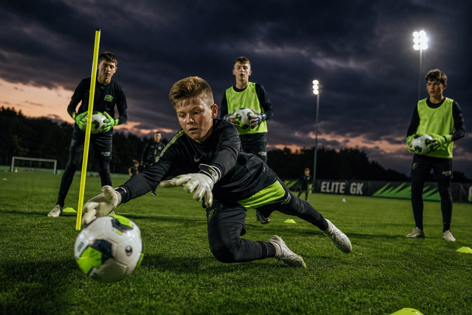 Young goalkeepers training under floodlights at a Just4keepers session