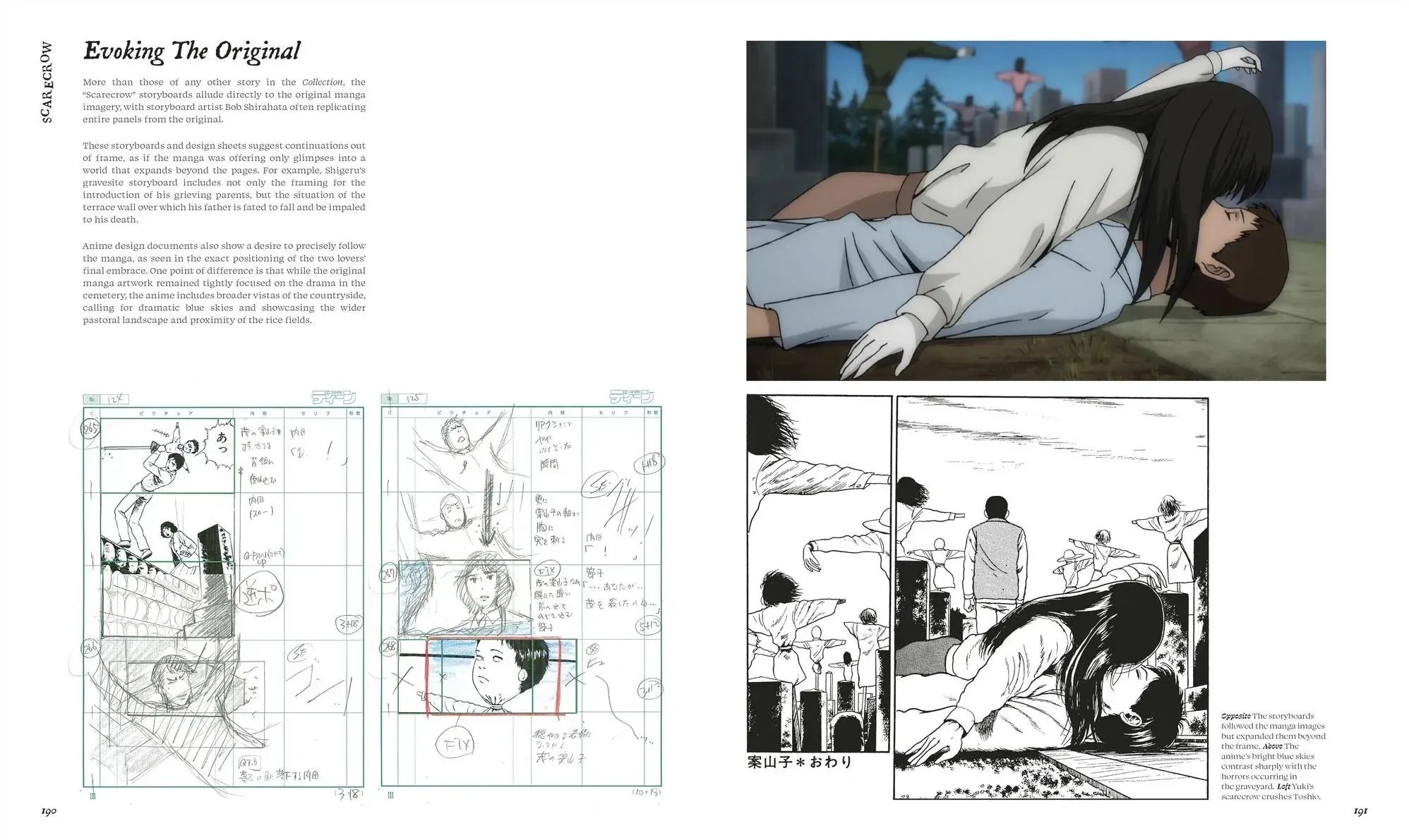 Two-page spread titled Evoking The Original comparing anime stills, hand-drawn storyboards, and original manga panels for Scarecrow
