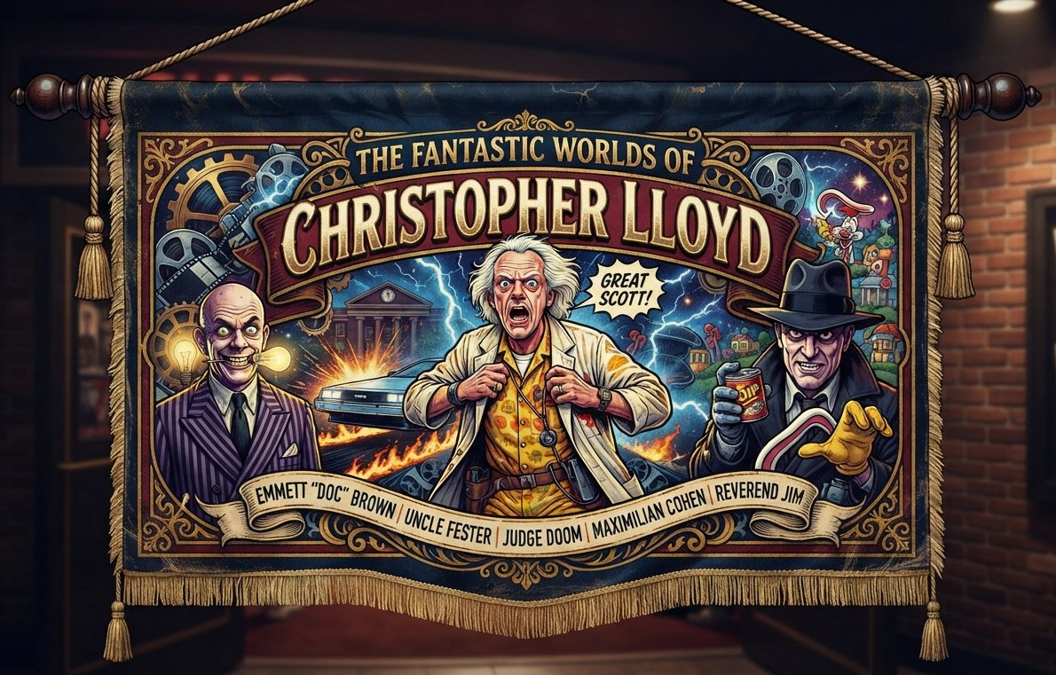 Illustrated banner: The Fantastic Worlds of Christopher Lloyd, featuring Doc Brown, Uncle Fester, Judge Doom, Maximilian Cohen and Reverend Jim