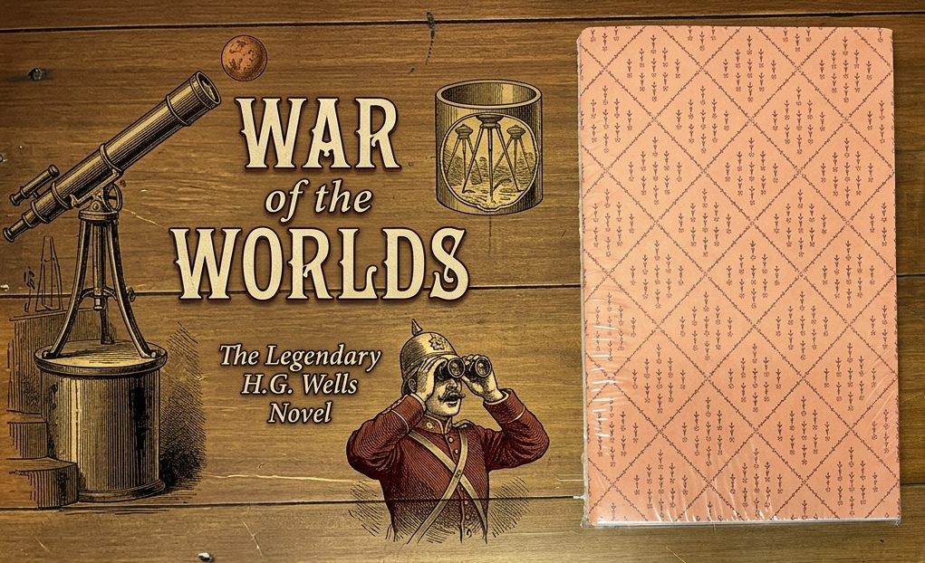 The War of the Worlds supplementary materials volume from Suntup Editions: a slim book in salmon-pink patterned paper, still in shrink wrap, beside Victorian-style War of the Worlds artwork with a telescope and a soldier holding binoculars