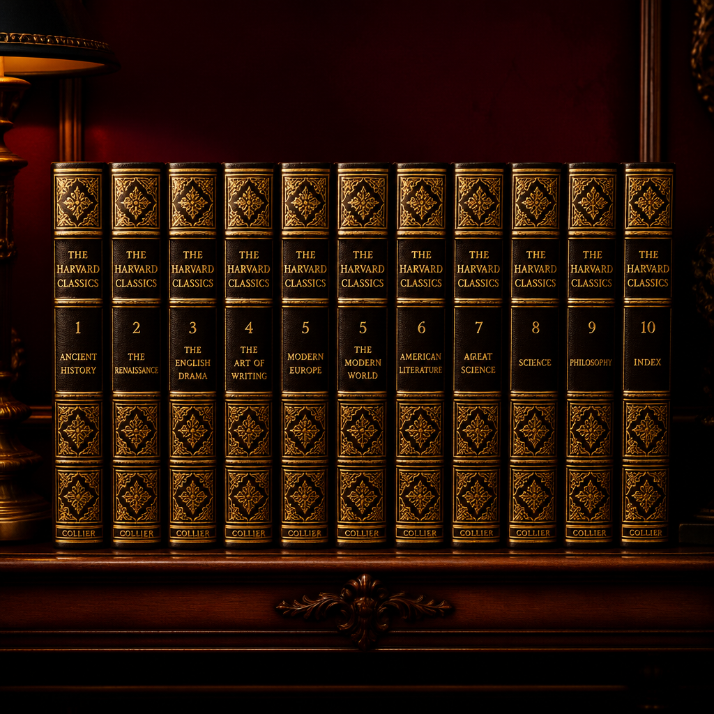 Matched multi-volume leather-bound book set with uniform gold spines