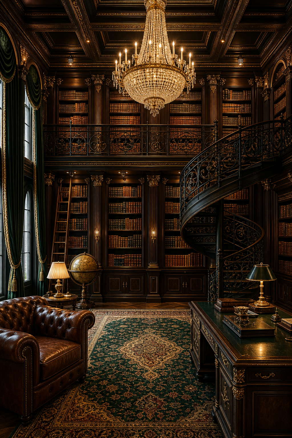 Opulent two-story mansion library with leather-bound books and chandelier