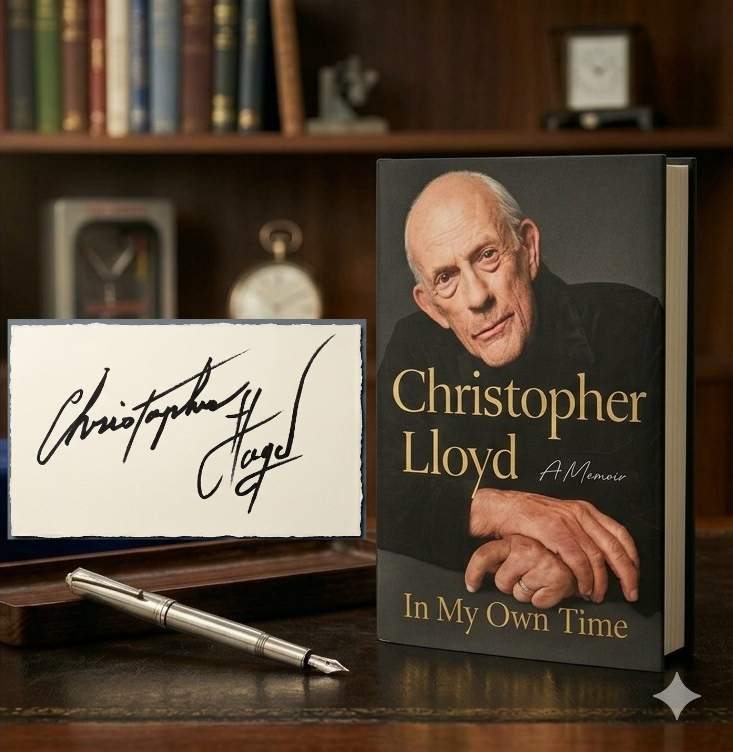 The signed limited slipcased edition of In My Own Time by Christopher Lloyd, displayed with his authentic signature card and a fountain pen