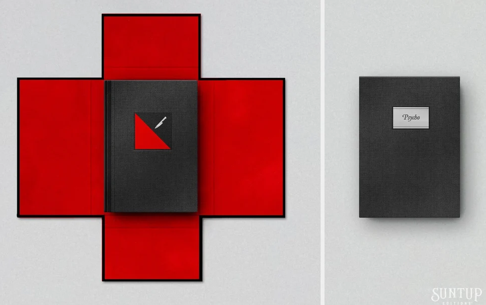 Psycho from Suntup Editions: black cloth binding with a red-and-black knife emblem, shown in an unfolded red-lined enclosure, beside its closed black box with a silver title plate