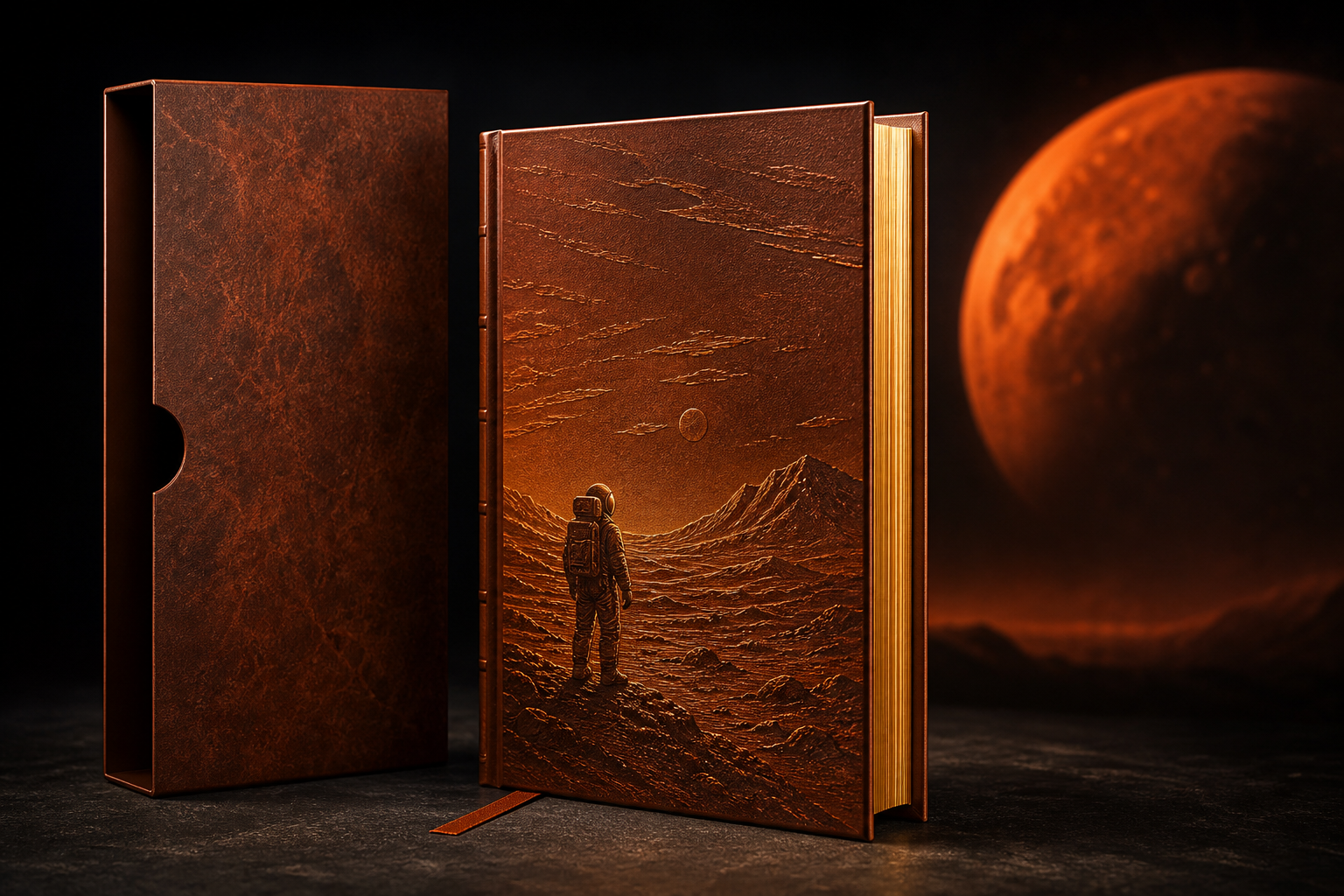 A collectible foil-embossed hardcover edition of The Martian standing on a dark surface beside its slipcase, lit against a warm Martian glow