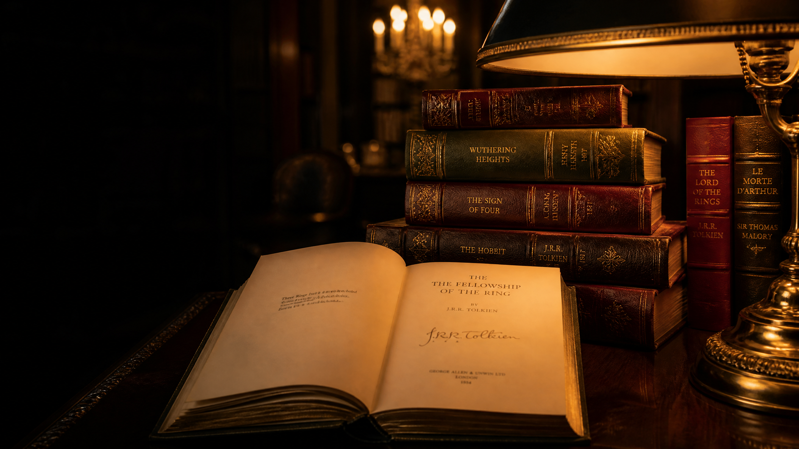 Stack of gilt-edged, leather-bound signed first editions under a warm brass reading lamp