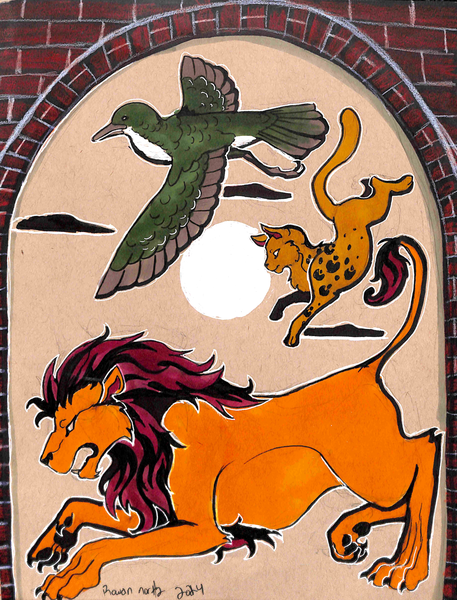 Lion and Titi Bird - Malawi - drawn by Rowan North