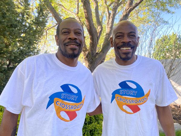 Twin Poets - each in Story Crossroads t-shirts