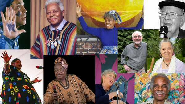 Pictured above: Brother Blue, Ella Jenkins, Adella Adella the Storyteller (Adella Gautier), Jim Luter, Syd Lieberman, Melva Gifford, Jackie Torrence, Nothando Zulu, Angela Lloyd, Ashley Bryan