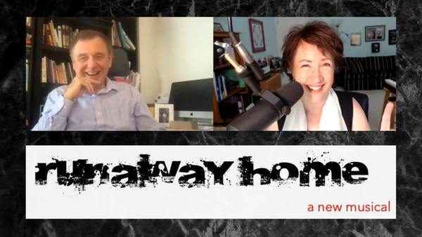 A man and woman in podcast interview with text Runaway Home