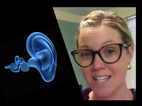 Dr. Rebecca Grome and a graphic of the human ear